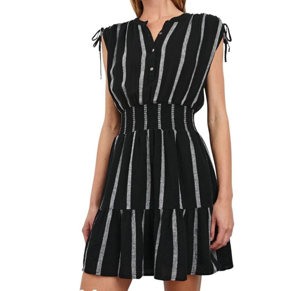 Rails Dress Large Black Striped Samina Linen Cotton Tie Shoulder Mini Summer